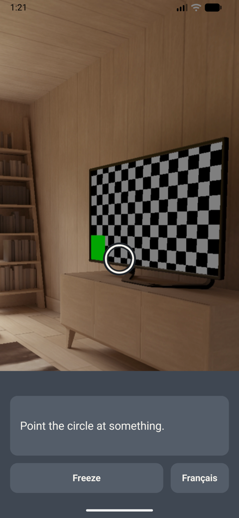Live camera view: the circle is on a checkerboard and the app says Gray — Charcoal.